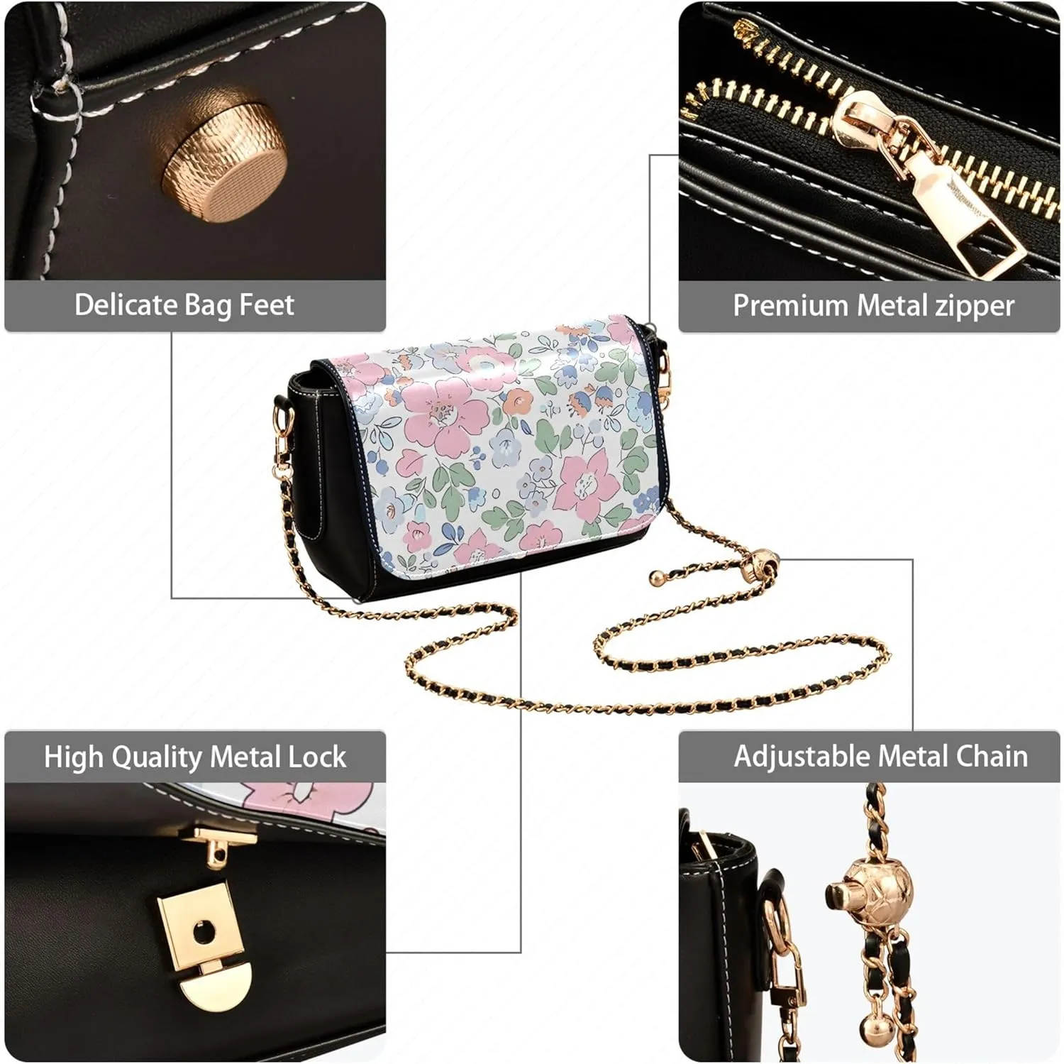 Purple Floral Design PU Leather Shoulder Bag Gifts Crossbody Purses for Women Phone Handbags with Chain Strap