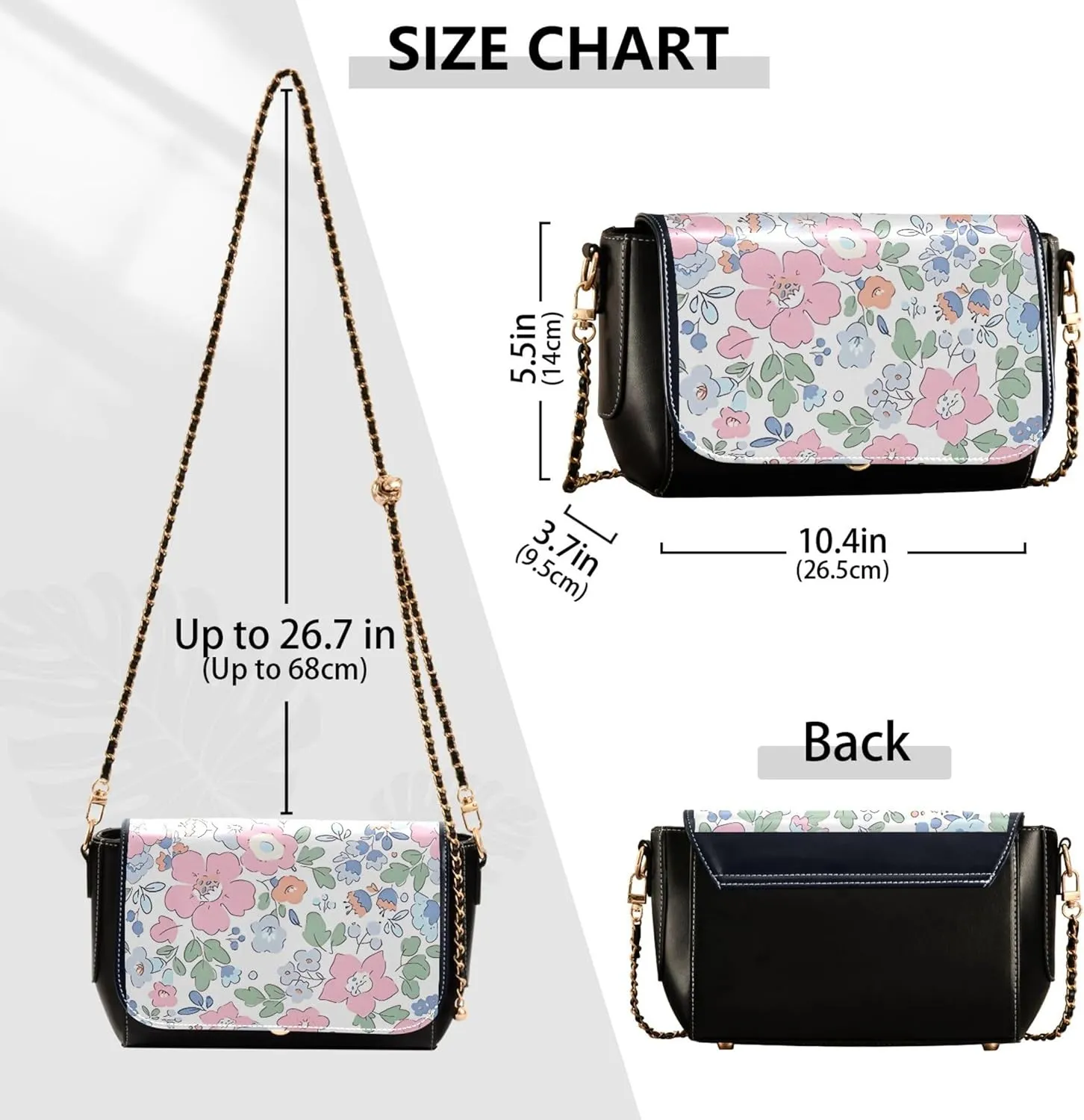 Purple Floral Design PU Leather Shoulder Bag Gifts Crossbody Purses for Women Phone Handbags with Chain Strap
