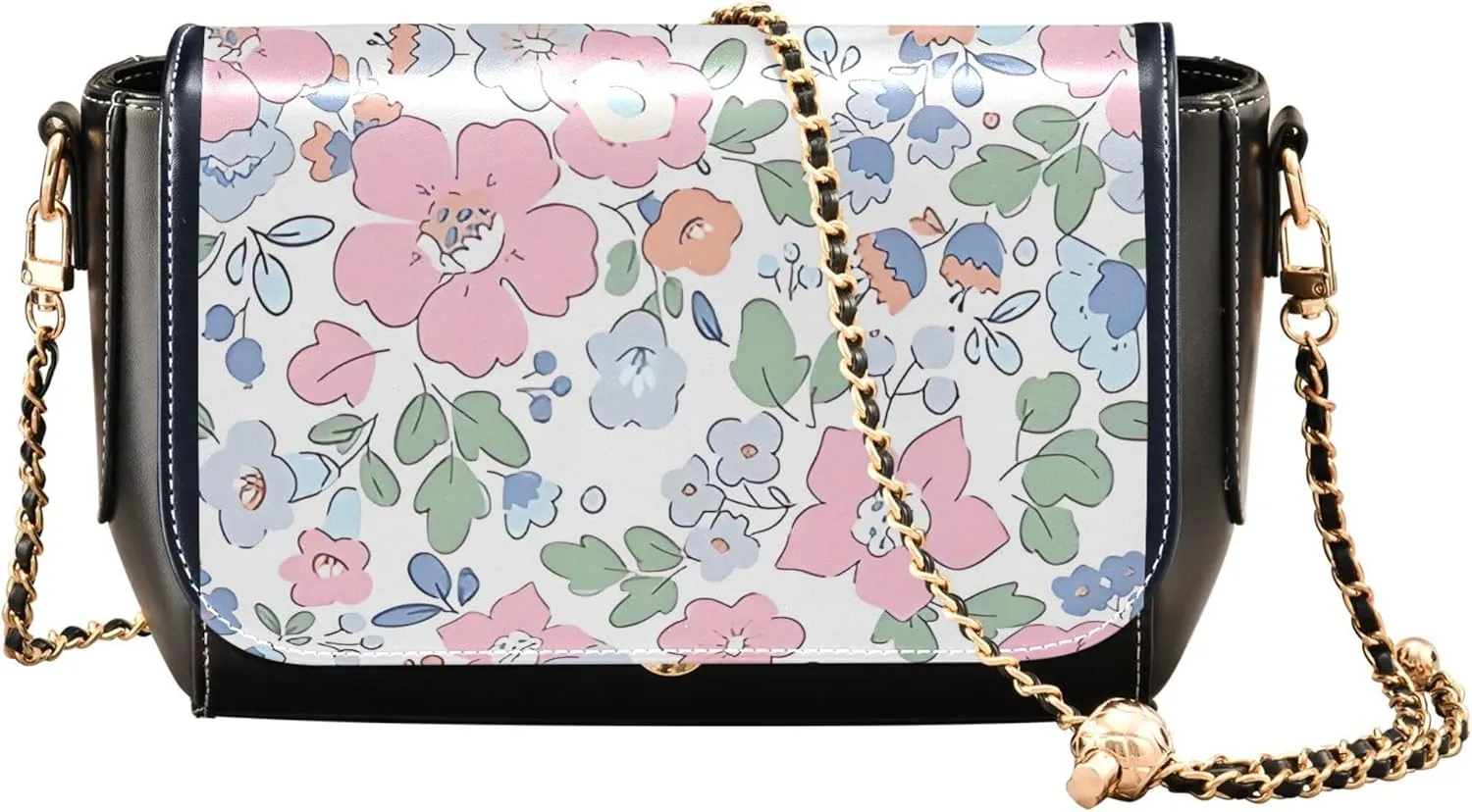 Purple Floral Design PU Leather Shoulder Bag Gifts Crossbody Purses for Women Phone Handbags with Chain Strap