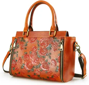 Purse and Handbags for Women Leather Shoulder Tote Handle Medium Satchel Vintage Embossing Rose