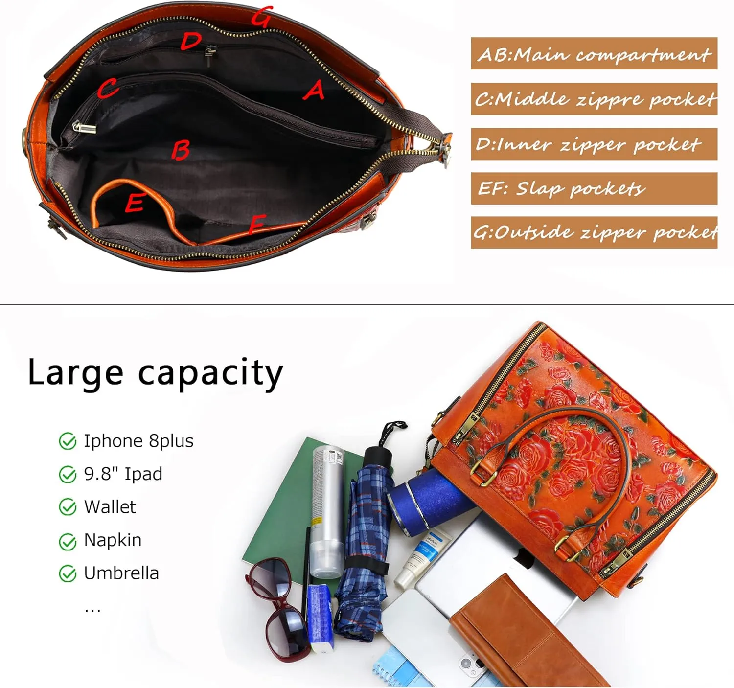 Purse and Handbags for Women Leather Shoulder Tote Handle Medium Satchel Vintage Embossing Rose