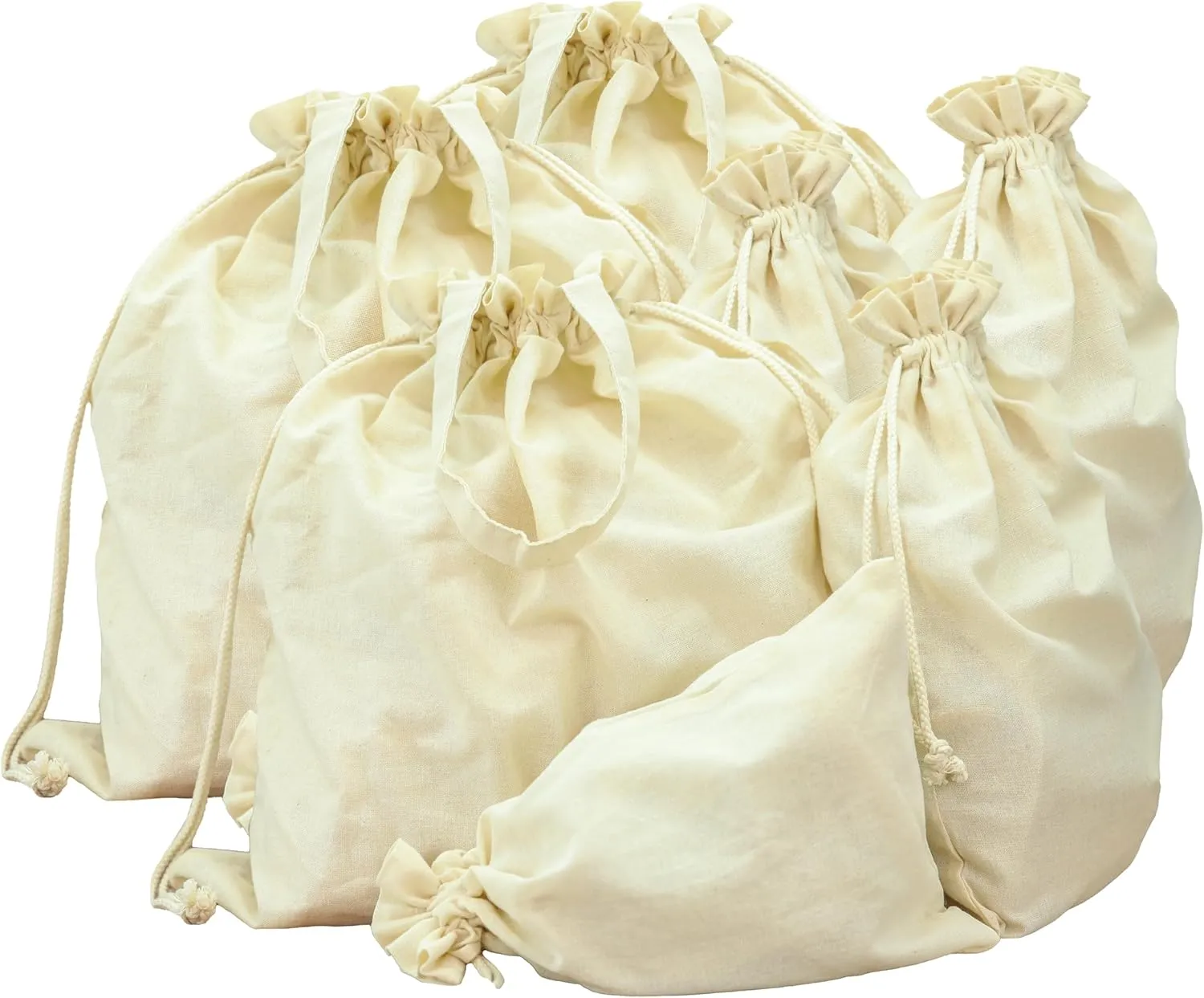 Purse Storage Drawstring Bags Set of 7 – Undyed Cotton Dust Bags for Handbags, Shoe Protector – Multi-Sized Handbag Storage Travel Shoes Pouches - Sustainably Made In Ethiopia
