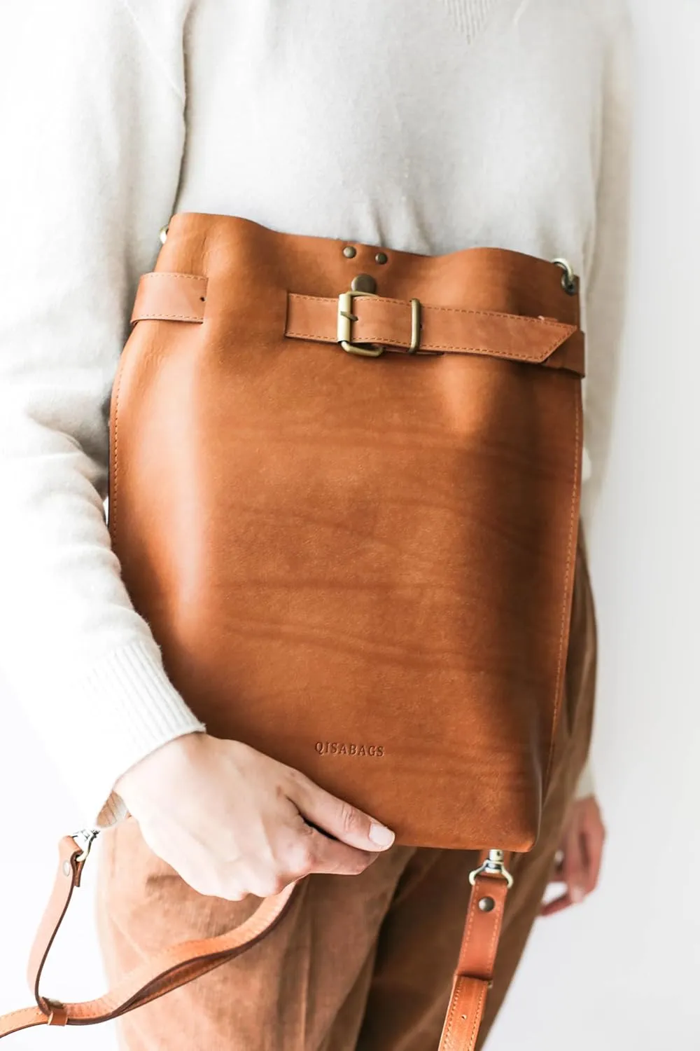 QisaBags Laptop Leather Backpack Purse for Women, Men - Handmade from the Finest Full-Grain Leather, Convertible Work Bag (Brown, Medium-13 Laptop)