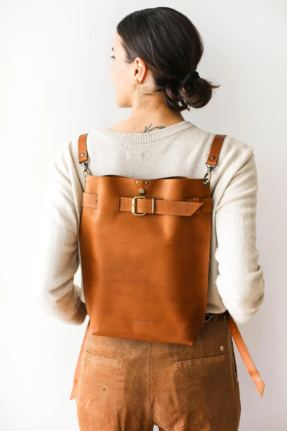 QisaBags Laptop Leather Backpack Purse for Women, Men - Handmade from the Finest Full-Grain Leather, Convertible Work Bag (Brown, Medium-13 Laptop)