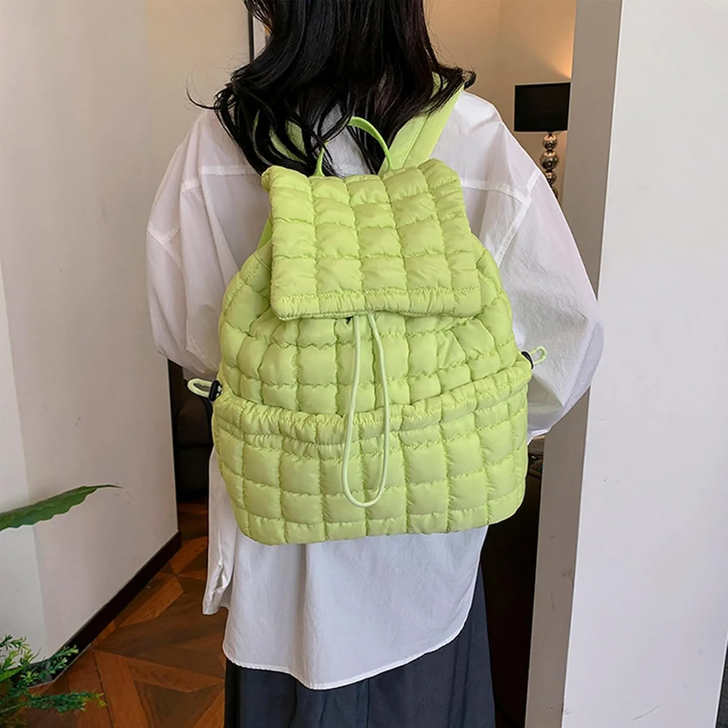 Quilted Backpack For Women Lightweight Trendy Puffer Cotton Top Flap Drawstring Backpack Travel Cloud Gym Bag (Light Green)