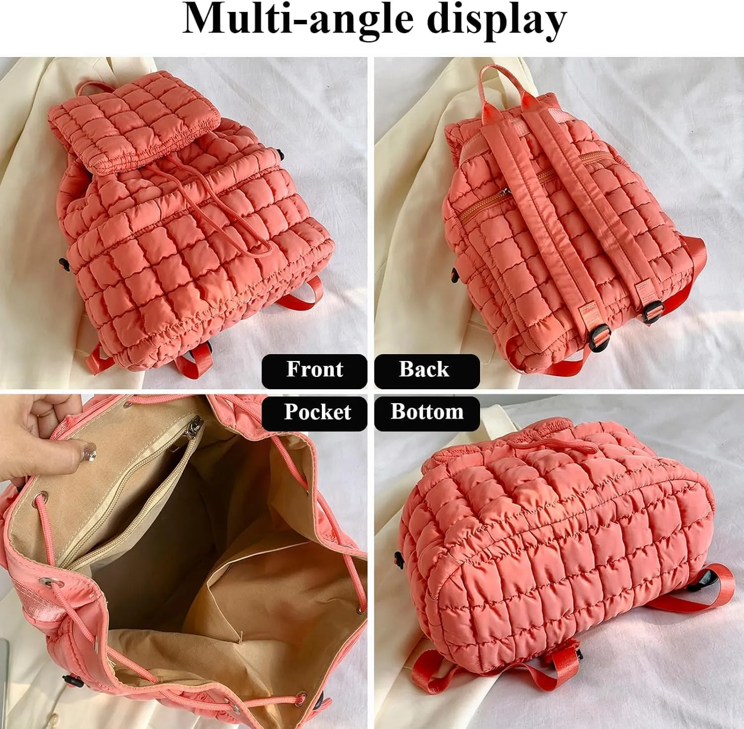 Quilted Backpack For Women Lightweight Trendy Puffer Cotton Top Flap Drawstring Backpack Travel Cloud Gym Bag (Light Green)