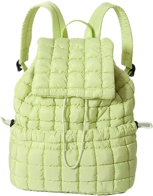 Quilted Backpack For Women Lightweight Trendy Puffer Cotton Top Flap Drawstring Backpack Travel Cloud Gym Bag (Light Green)