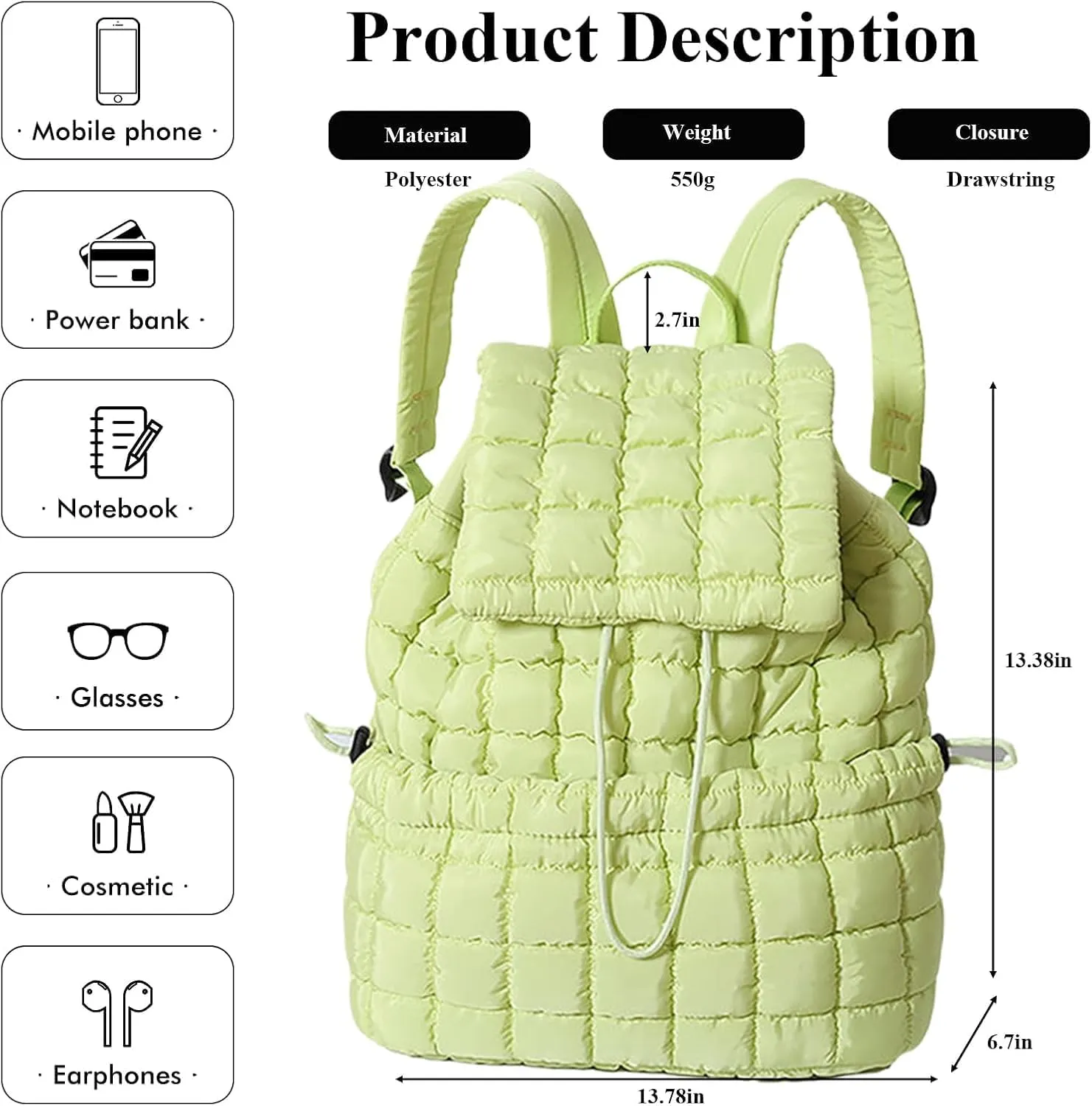 Quilted Backpack For Women Lightweight Trendy Puffer Cotton Top Flap Drawstring Backpack Travel Cloud Gym Bag (Light Green)