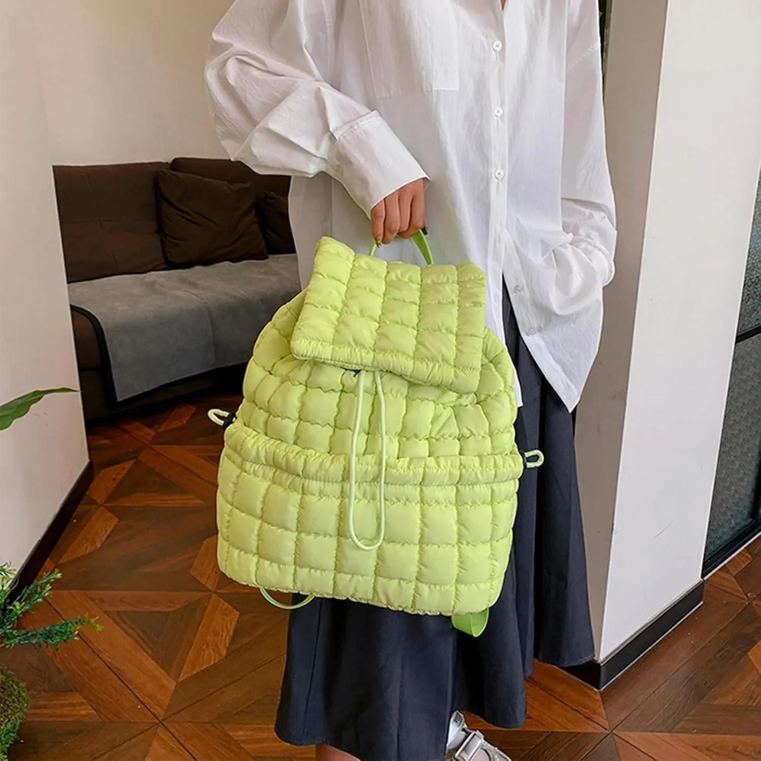Quilted Backpack For Women Lightweight Trendy Puffer Cotton Top Flap Drawstring Backpack Travel Cloud Gym Bag (Light Green)