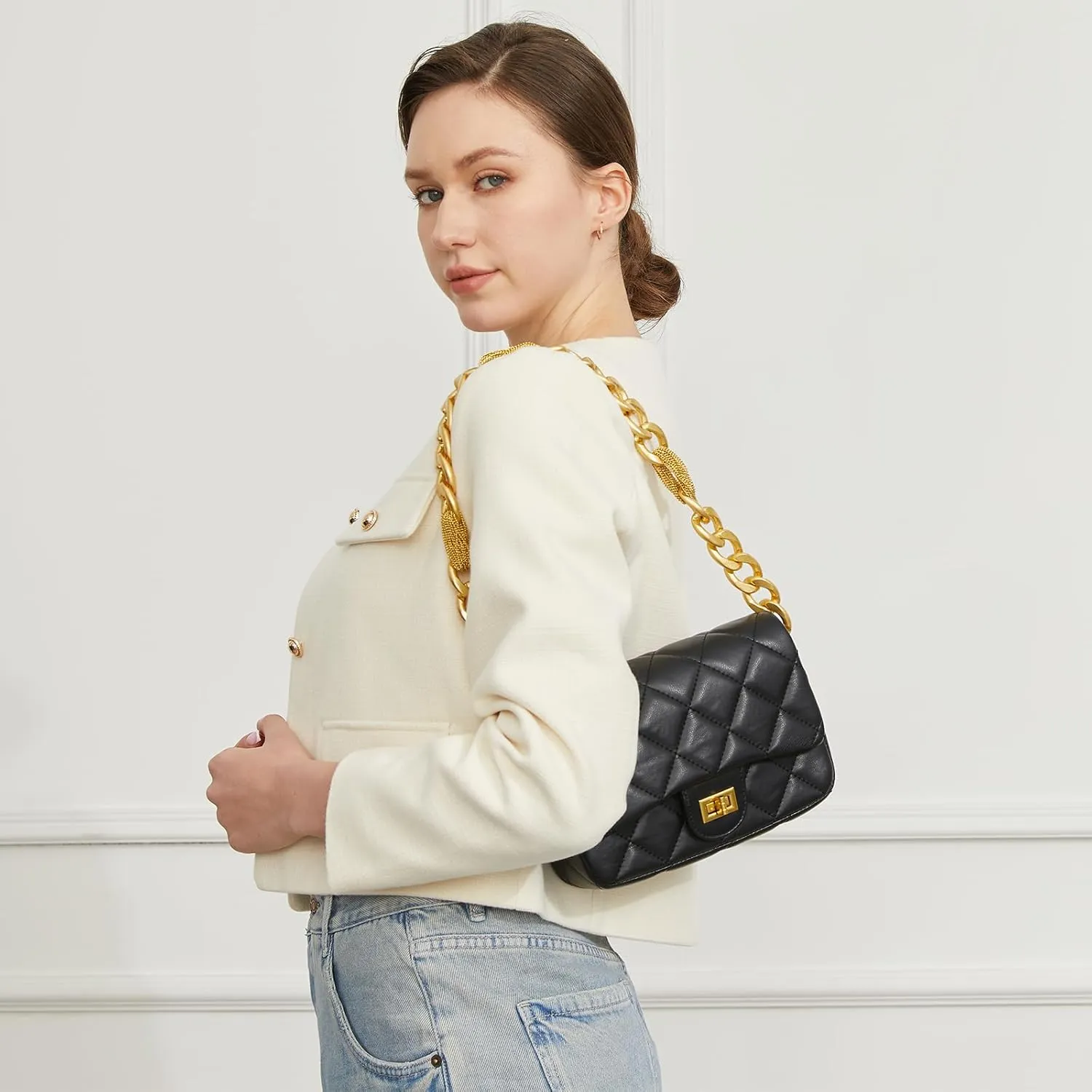 Quilted Bags for Women Soft Leather Shoulder Handbag Purse with Gold Chain Strap