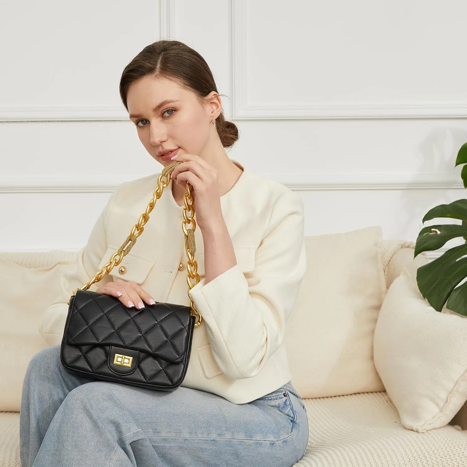 Quilted Bags for Women Soft Leather Shoulder Handbag Purse with Gold Chain Strap