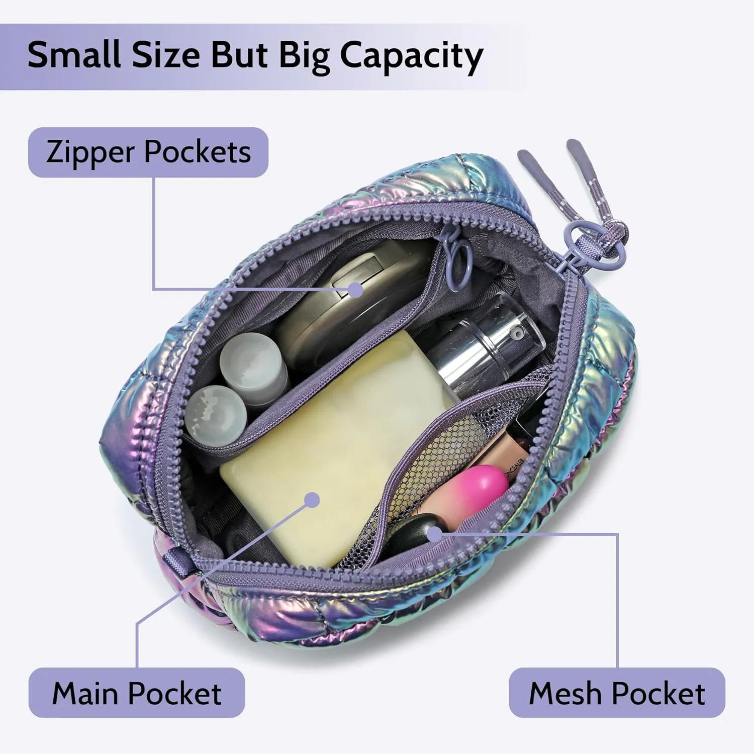 Quilted Cosmetic Bag, Puffer Makeup Bags, Crossbody Purses for women,Cute Travel Toiletry Bag for Women (Dazzling Purple)