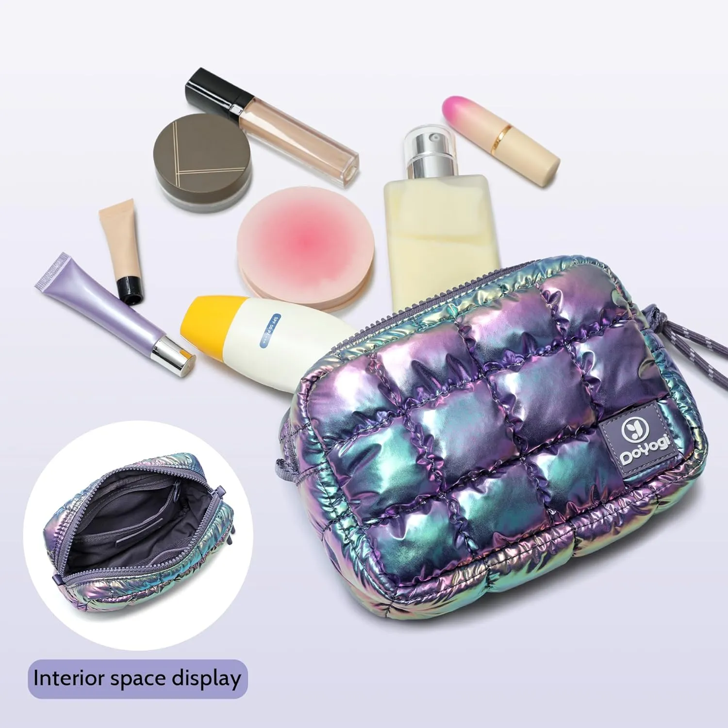 Quilted Cosmetic Bag, Puffer Makeup Bags, Crossbody Purses for women,Cute Travel Toiletry Bag for Women (Dazzling Purple)