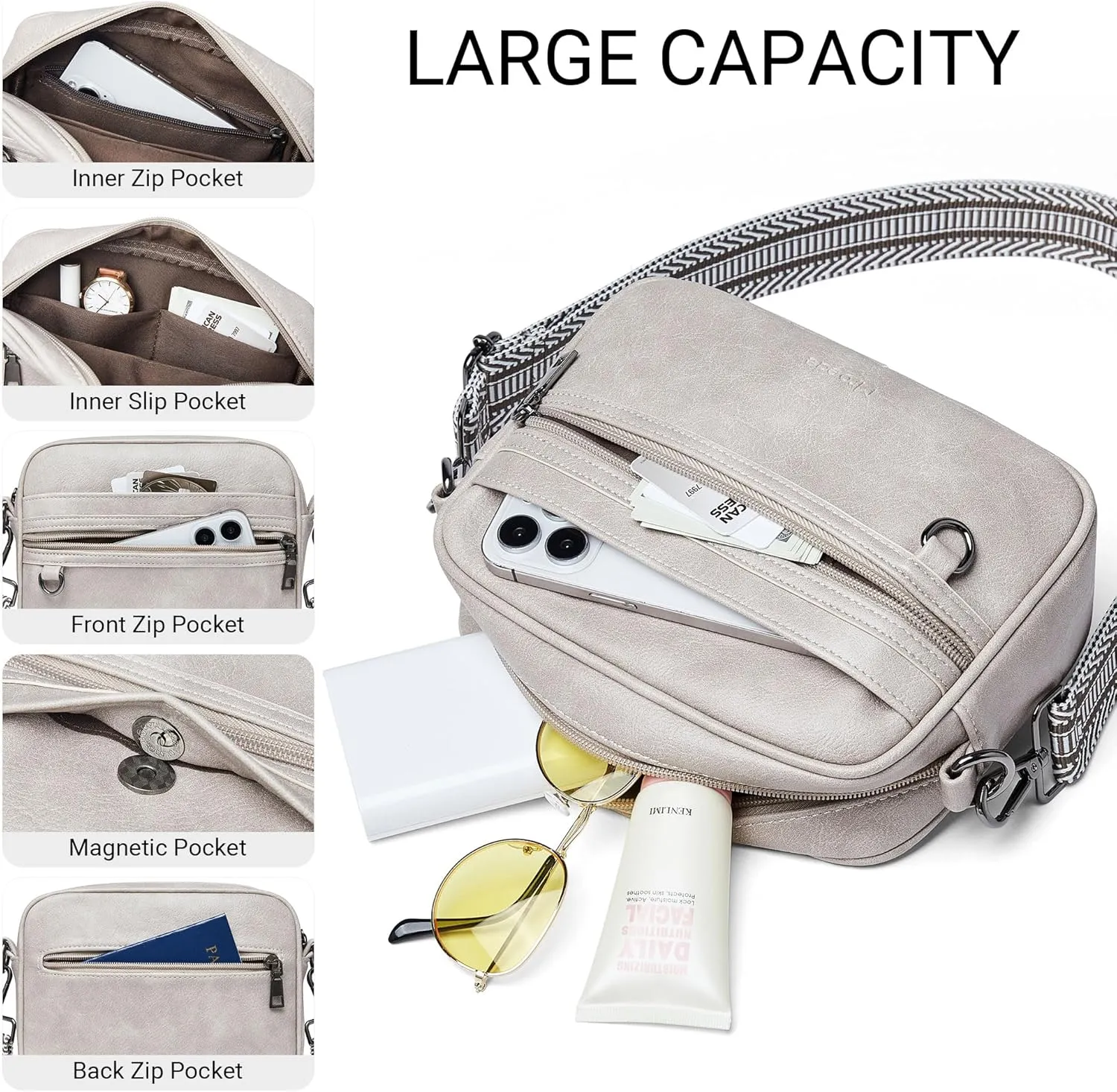 Quilted Crossbody Bags for Women 3-Pockets Crossbody Purses Vegan Leather Shoulder Handbags with Wide Strap