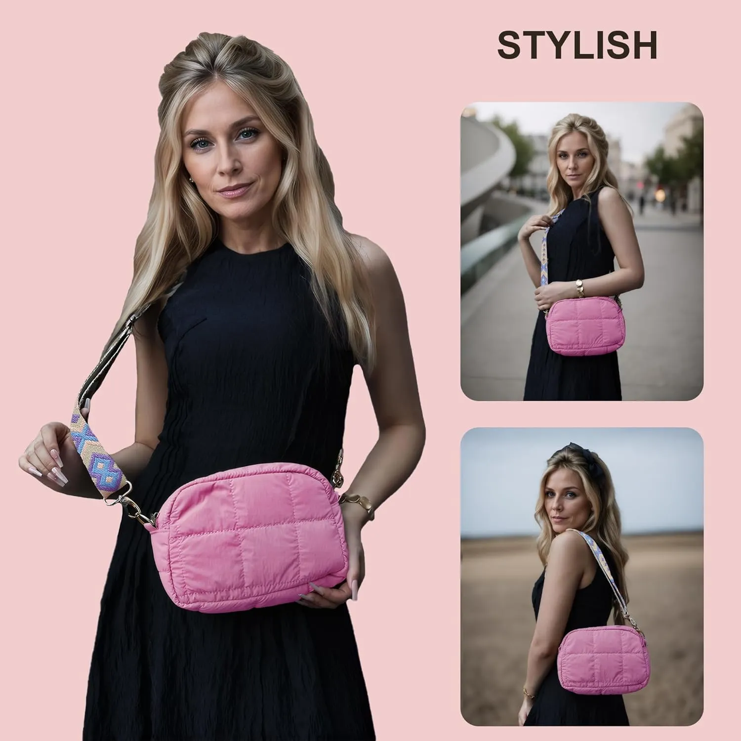 Quilted Crossbody Bags for Women Puffer Shoulder Bag with Adjustable Wide Strap Puffy Dupes Nylon Crossbody Purse