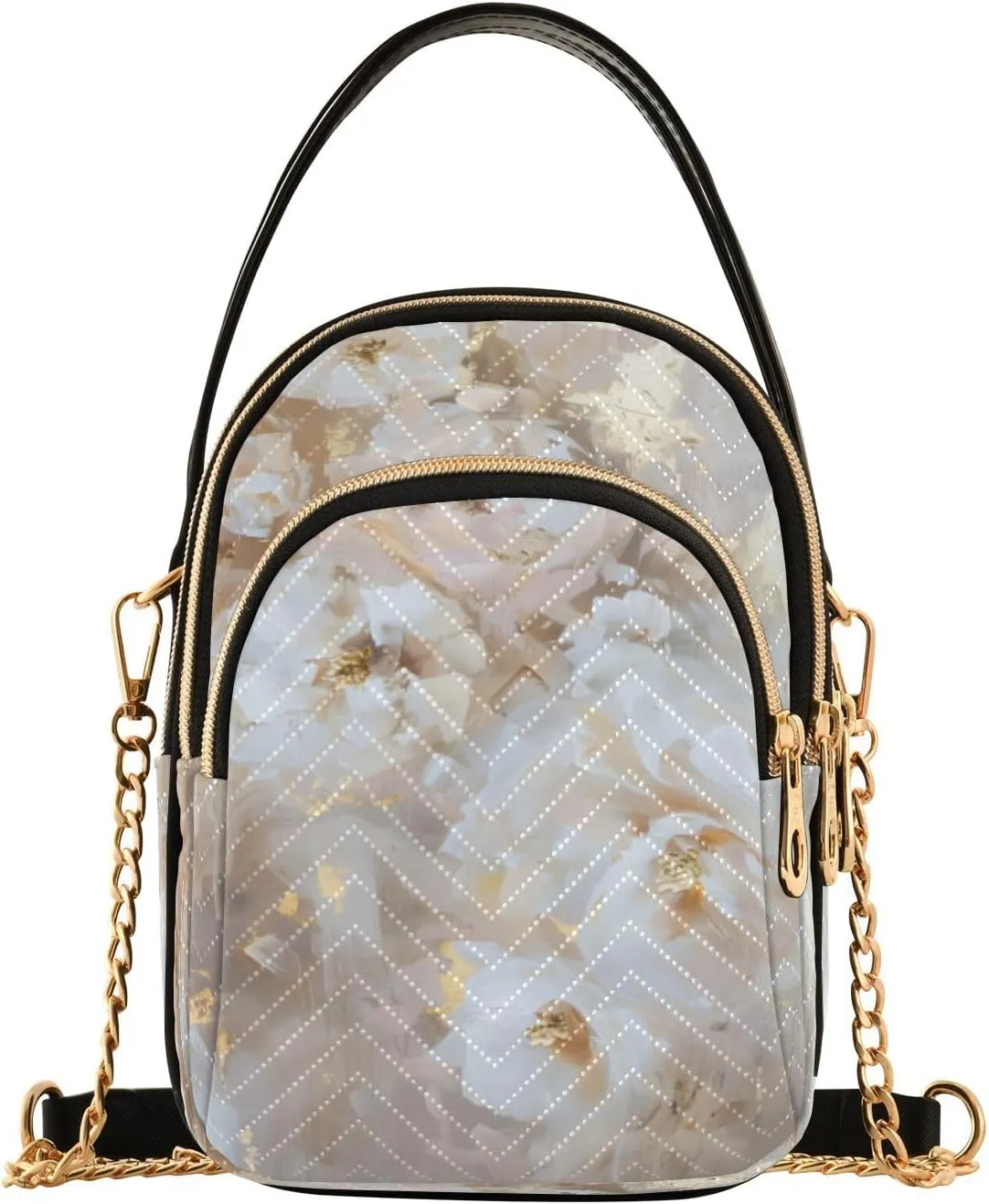 Quilted Crossbody Bags for Women,Abstract Painting Of White and Beige Flowers with Gold Leaf Pigment Highlights Retro Oil Painting S Women's Crossbody Handbags Small Travel Purses Phone Bag