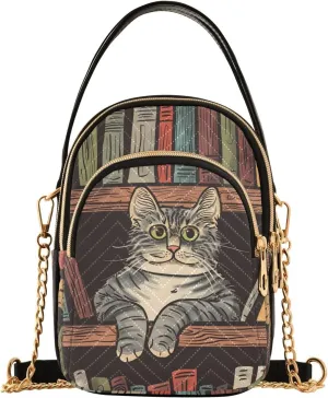 Quilted Crossbody Bags for Women,Cat Bookshelf Women's Crossbody Handbags Small Travel Purses Phone Bag