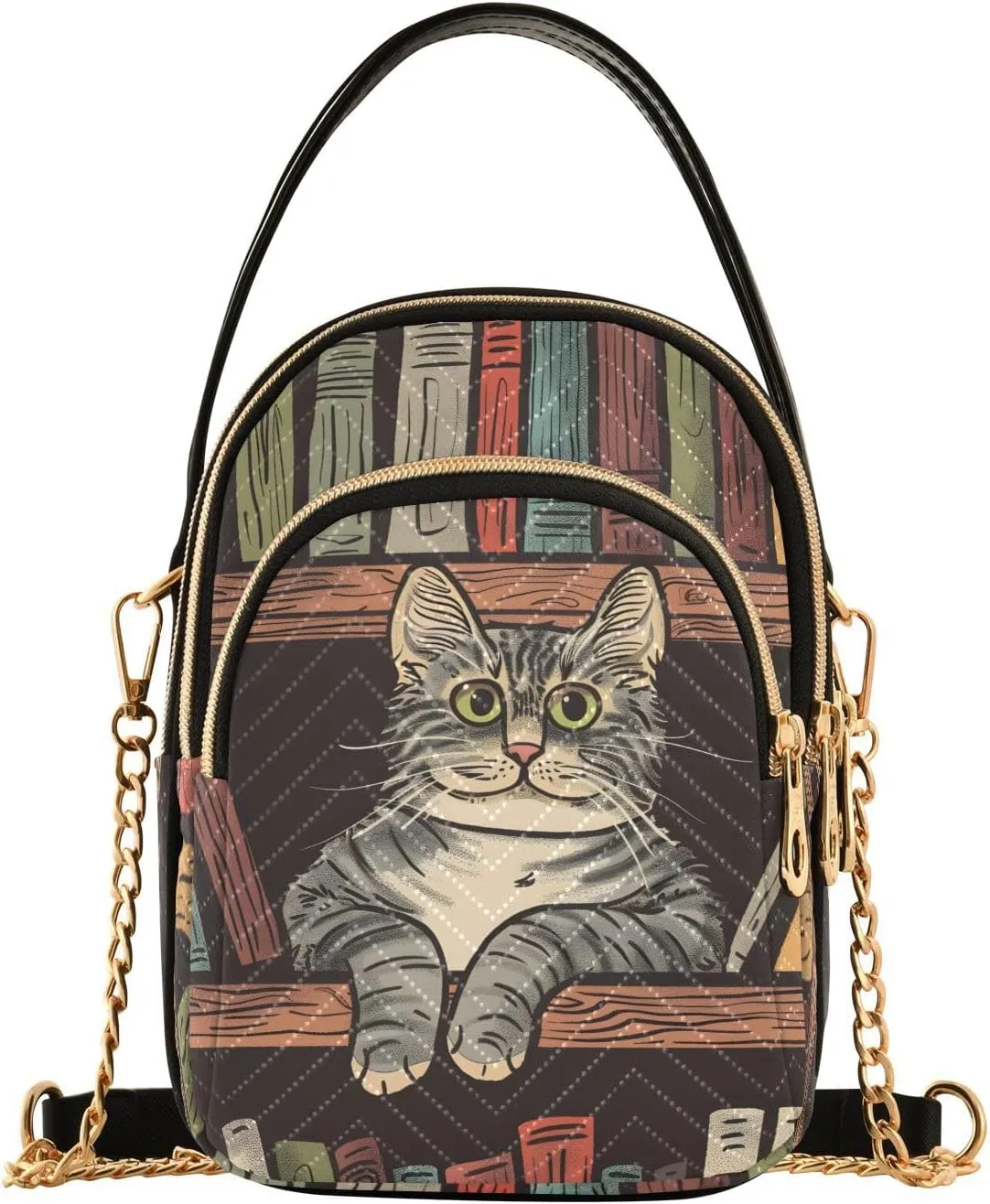 Quilted Crossbody Bags for Women,Cat Bookshelf Women's Crossbody Handbags Small Travel Purses Phone Bag