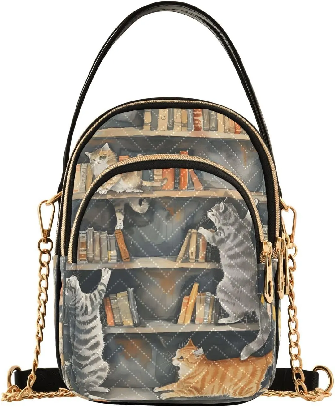 Quilted Crossbody Bags for Women,Cats Playing Bookshelf Women's Crossbody Handbags Small Travel Purses Phone Bag443