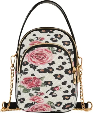 Quilted Crossbody Bags for Women,Collage Of Pink Roses on Leopard Print Background Watercolor Style White Background Women's Crossbody Handbags Small Travel Purses Phone Bag