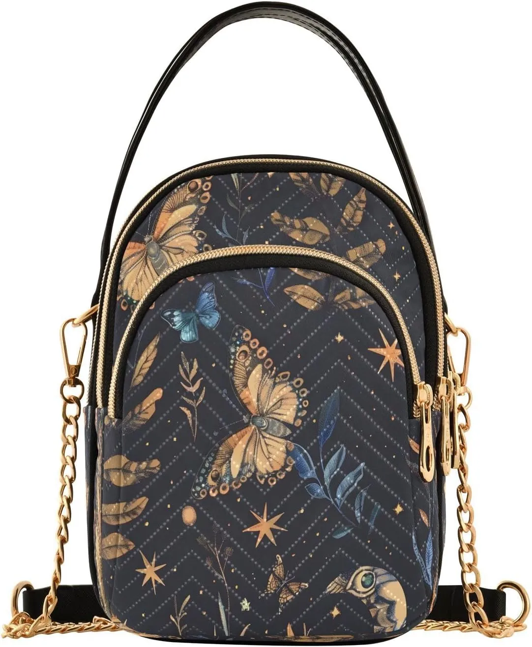 Quilted Crossbody Bags for Women,Elegant Clothes Herbs Bohemian Magic Background and Space Elements Stars Butterflies Women's Crossbody Handbags Small Travel Purses Phone Bag