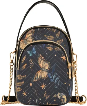 Quilted Crossbody Bags for Women,Elegant Clothes Herbs Bohemian Magic Background and Space Elements Stars Butterflies Women's Crossbody Handbags Small Travel Purses Phone Bag