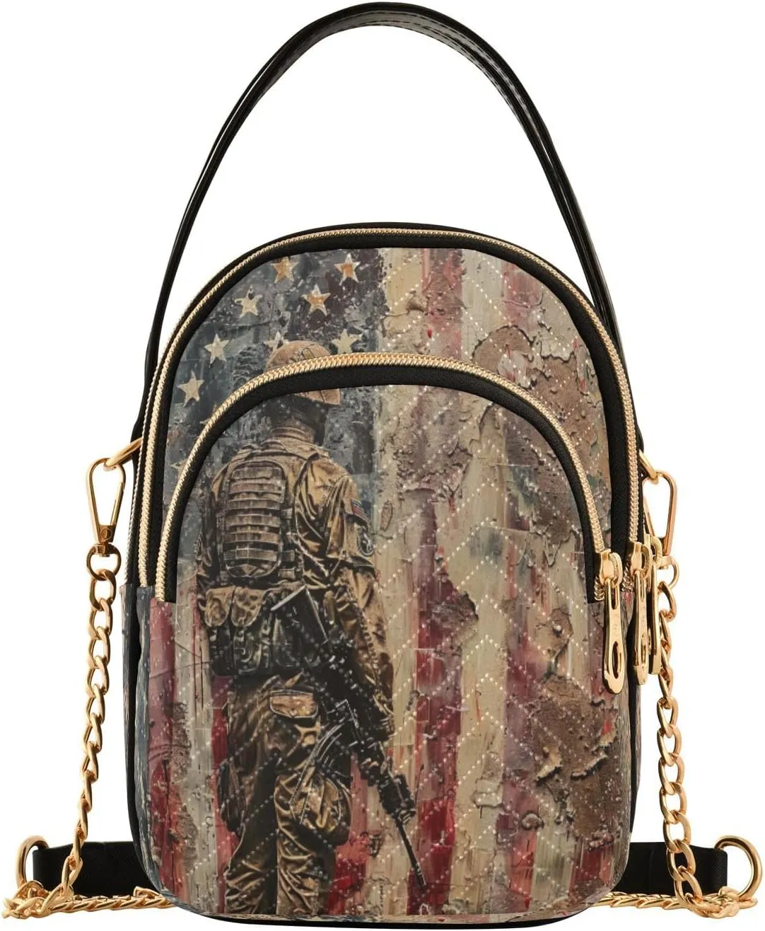 Quilted Crossbody Bags for Women,Happy Memorial Day Soldier American Flag Women's Crossbody Handbags Small Travel Purses Phone Bag