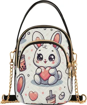Quilted Crossbody Bags for Women,Seamless Pattern Of Cute Rabbit with Heart and Bubble Milk Tea Background Women's Crossbody Handbags Small Travel Purses Phone Bag
