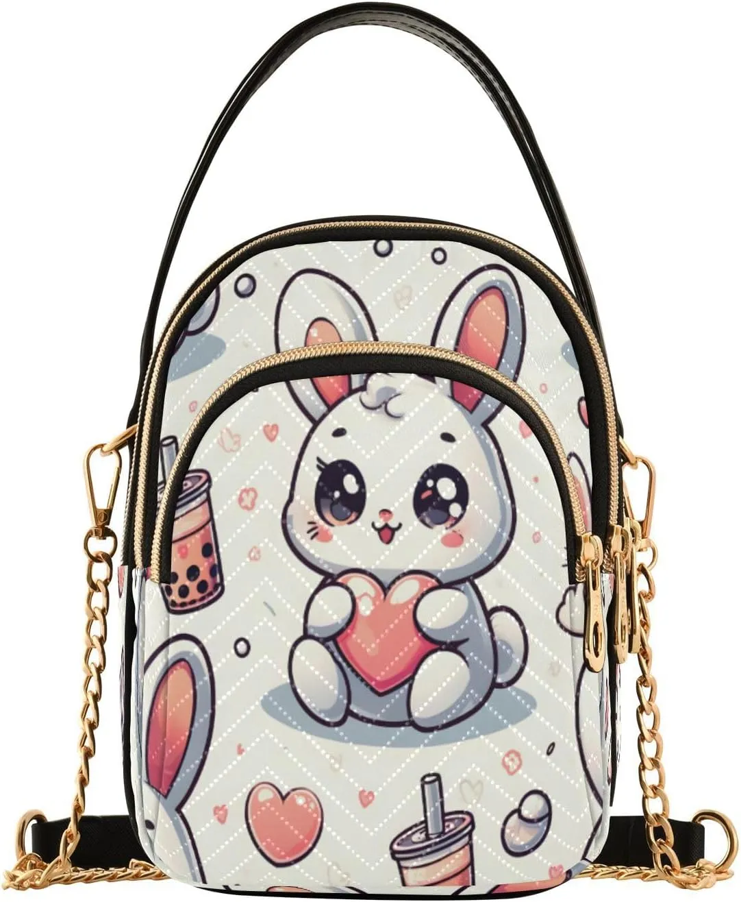 Quilted Crossbody Bags for Women,Seamless Pattern Of Cute Rabbit with Heart and Bubble Milk Tea Background Women's Crossbody Handbags Small Travel Purses Phone Bag