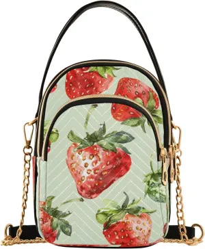 Quilted Crossbody Bags for Women,Watercolor Illustration Of Strawberries on A Light Green Background Women's Crossbody Handbags Small Travel Purses Phone Bag