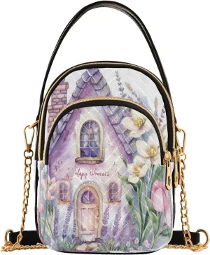 Quilted Crossbody Bags for Women,Watercolor Pink Fairy-tale Cute House with Flowers Of White Pink Tulips Women's Crossbody Handbags Small Travel Purses Phone Bag