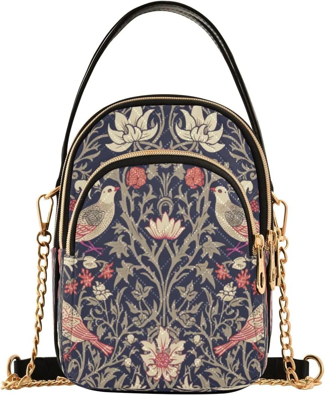 Quilted Crossbody Bags for Women,William Morris Flowers Print with Bird Women's Crossbody Handbags Small Travel Purses Phone Bag