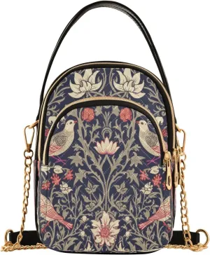 Quilted Crossbody Bags for Women,William Morris Flowers Print with Bird Women's Crossbody Handbags Small Travel Purses Phone Bag