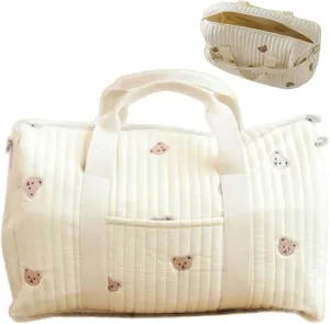 Quilted Duffle Bag, 18.9x9.5x11 Inch Quilted Weekender Bag with Handle and Strap, Bear Pattern Cute Duffle Tote with Pocket and Zipper for Women Travel Hospital, Diaper, Gym B