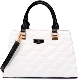 Quilted Handbag with Diagonal Pattern, White and Black, Gold Hardware, Detachable Shoulder Strap