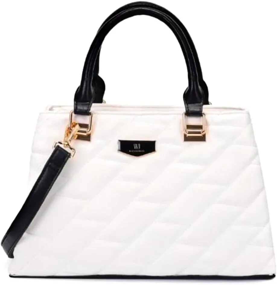 Quilted Handbag with Diagonal Pattern, White and Black, Gold Hardware, Detachable Shoulder Strap