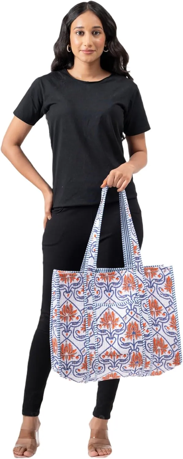 Quilted Large Cotton Fabric Tote Bag For Travel Grocery Shopping Weekend Trips with Inside and Outside Pocket