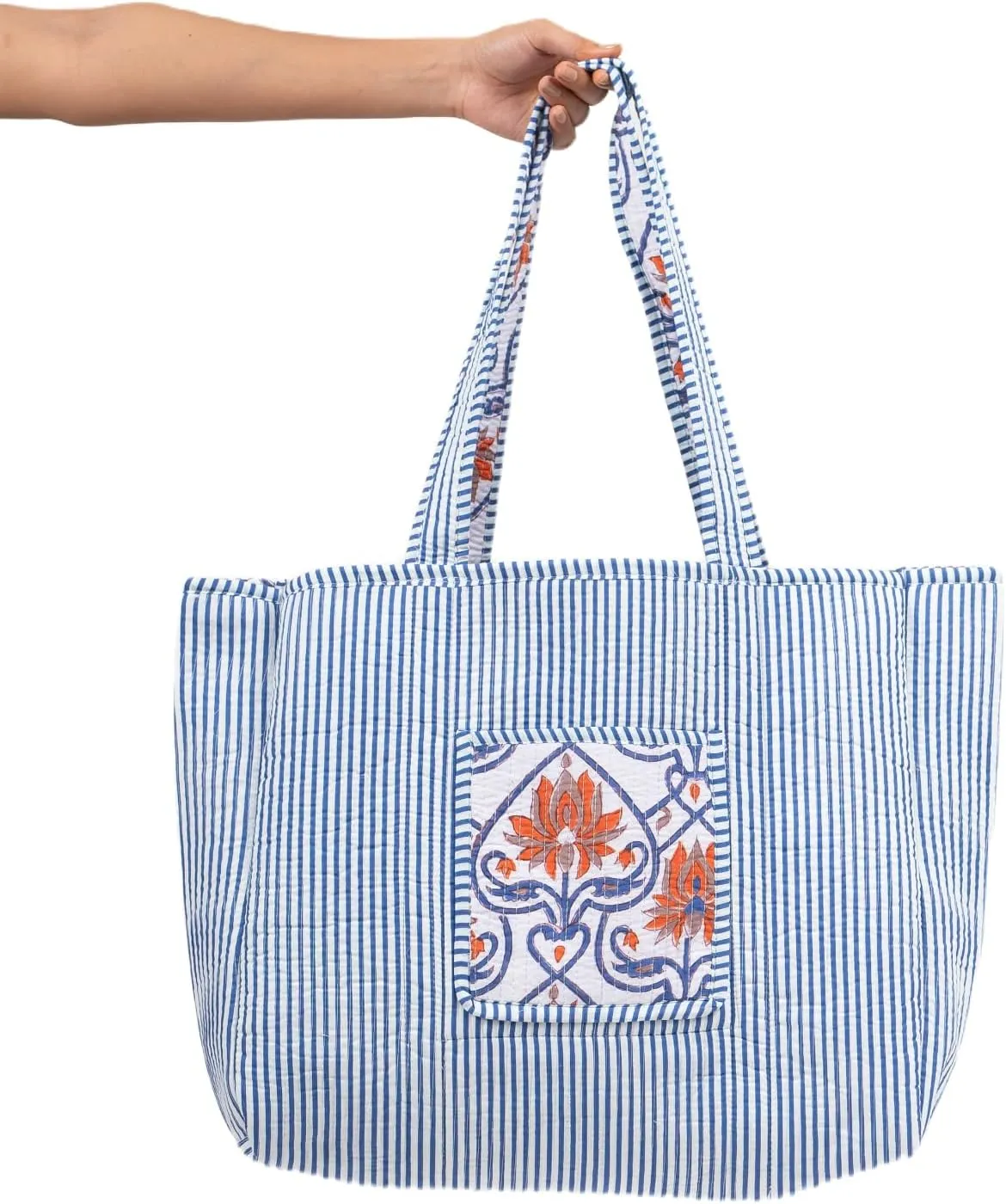 Quilted Large Cotton Fabric Tote Bag For Travel Grocery Shopping Weekend Trips with Inside and Outside Pocket