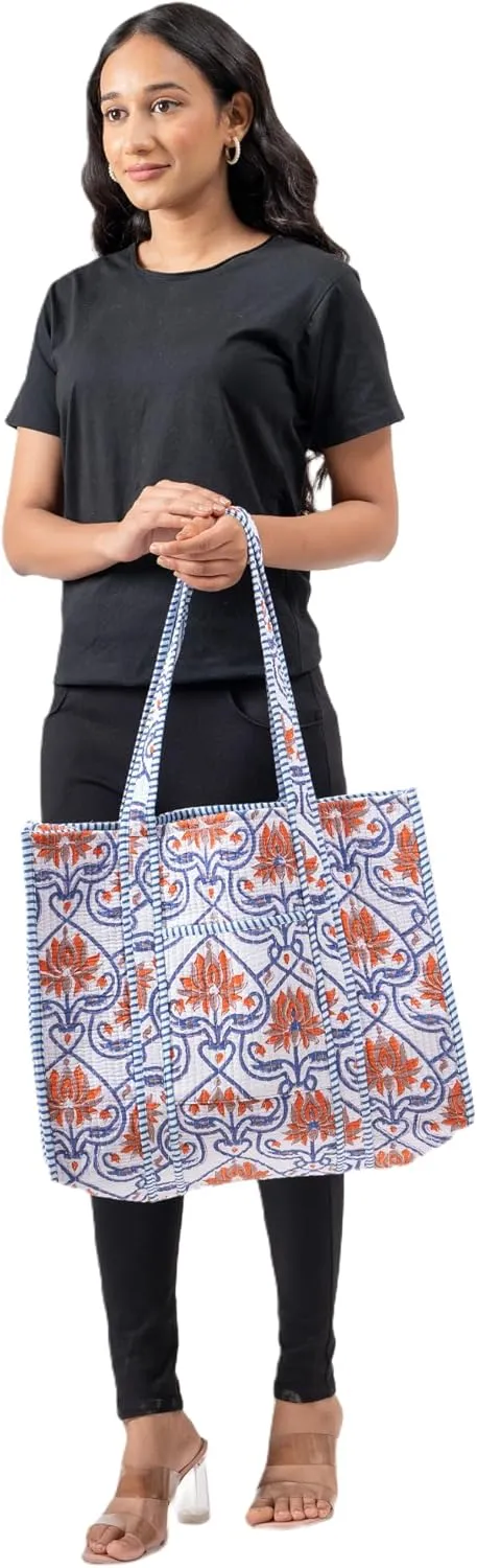 Quilted Large Cotton Fabric Tote Bag For Travel Grocery Shopping Weekend Trips with Inside and Outside Pocket