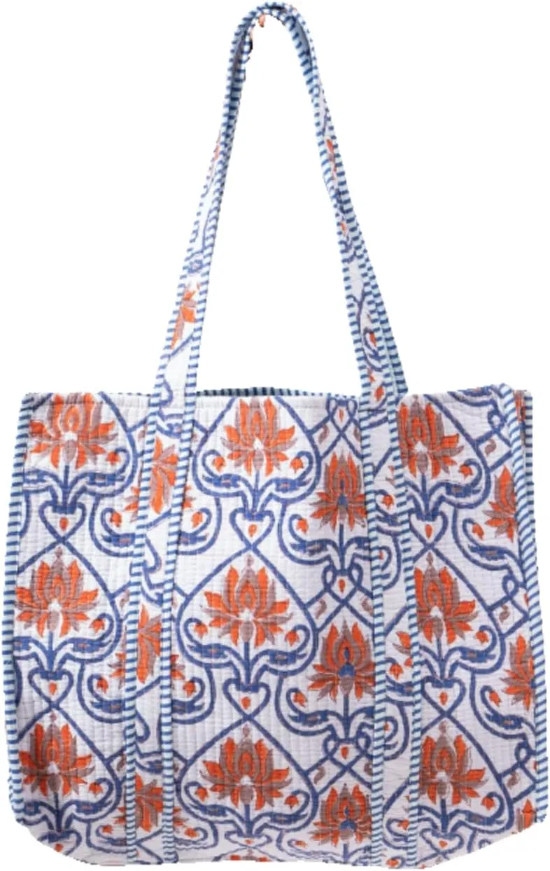 Quilted Large Cotton Fabric Tote Bag For Travel Grocery Shopping Weekend Trips with Inside and Outside Pocket