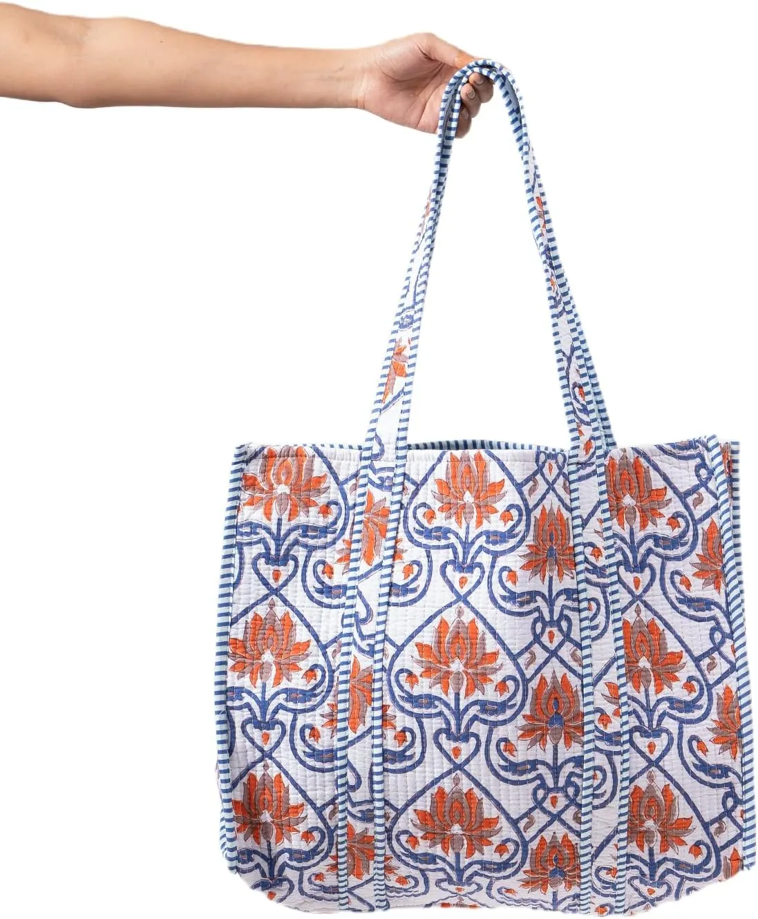 Quilted Large Cotton Fabric Tote Bag For Travel Grocery Shopping Weekend Trips with Inside and Outside Pocket