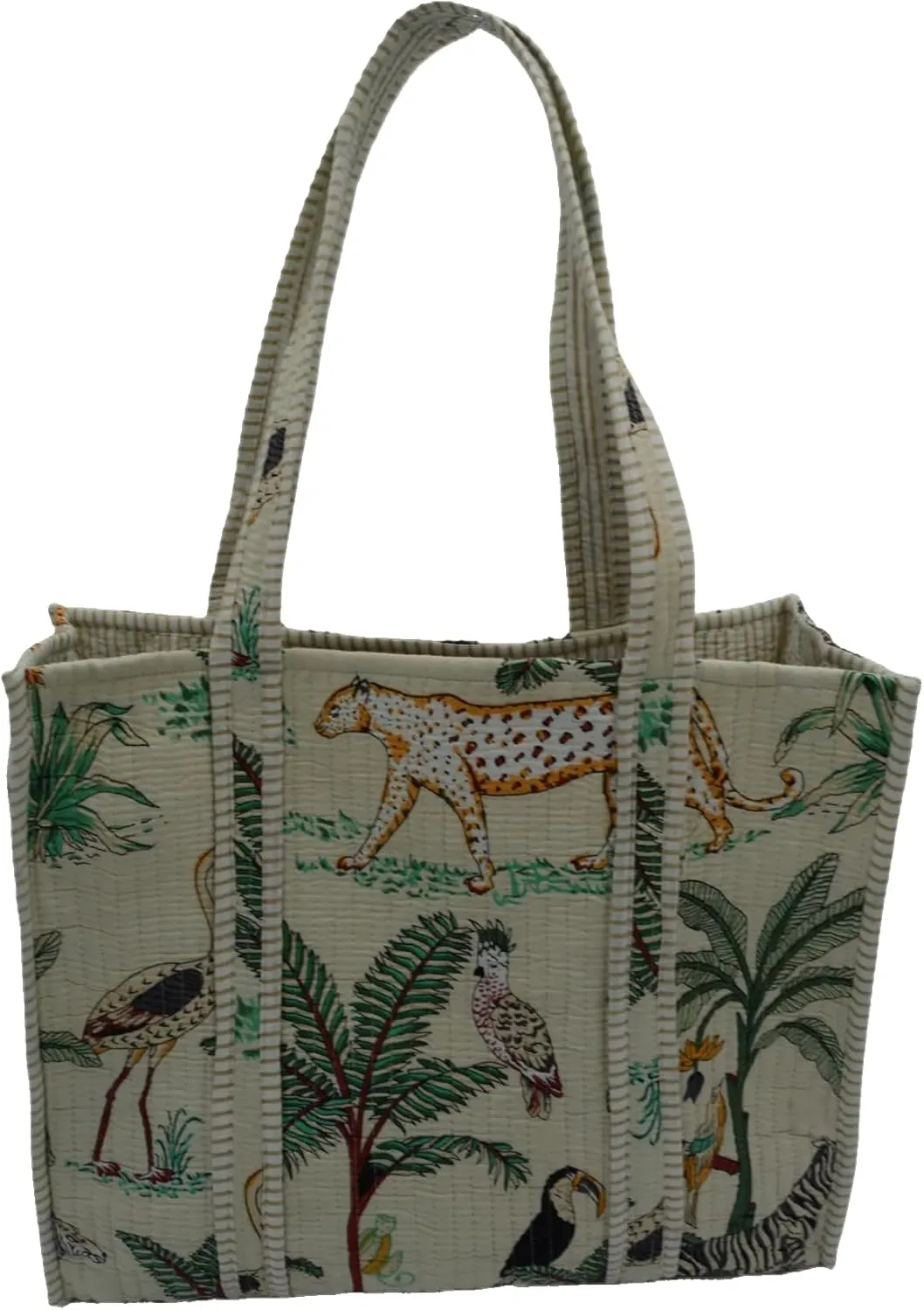 Quilted Large Cotton Fabric Tote Bag Travel Grocery Shopping Weekend Trips with Inside Pocket -Tropical Safari