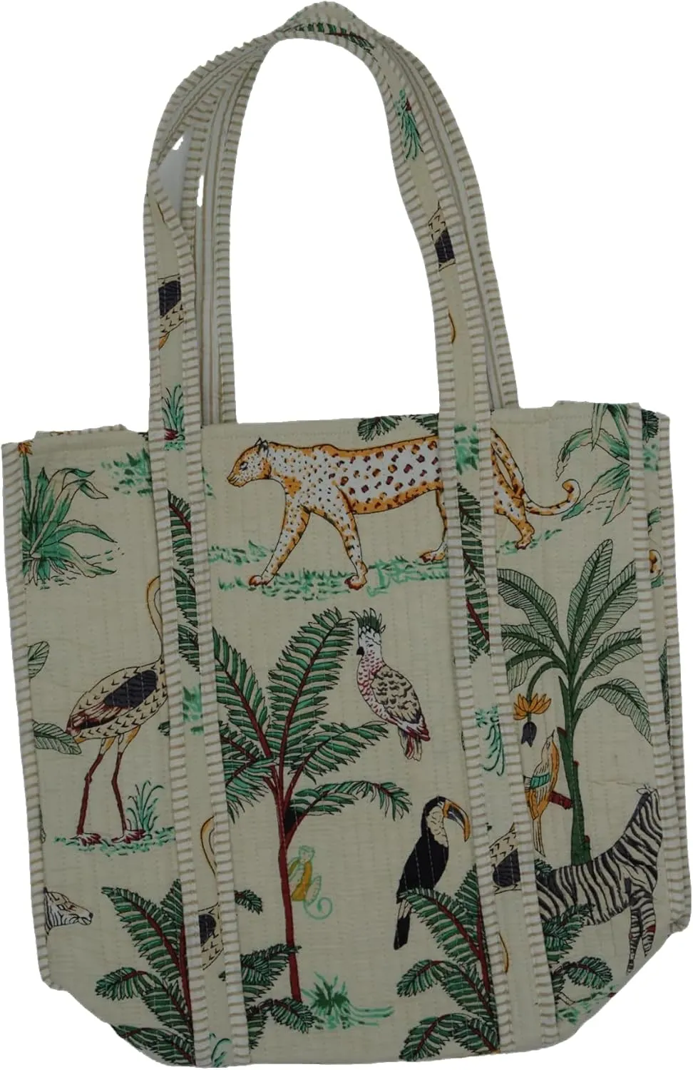 Quilted Large Cotton Fabric Tote Bag Travel Grocery Shopping Weekend Trips with Inside Pocket -Tropical Safari