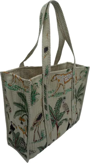 Quilted Large Cotton Fabric Tote Bag Travel Grocery Shopping Weekend Trips with Inside Pocket -Tropical Safari