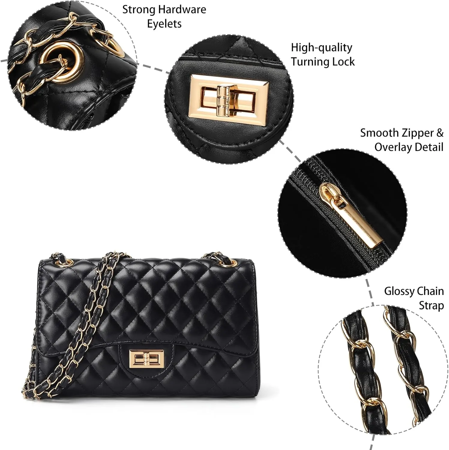 Quilted Leather Crossbody Bags for Women Trendy Ladies Shoulder Purse Satchel HandBag with Chain Strap