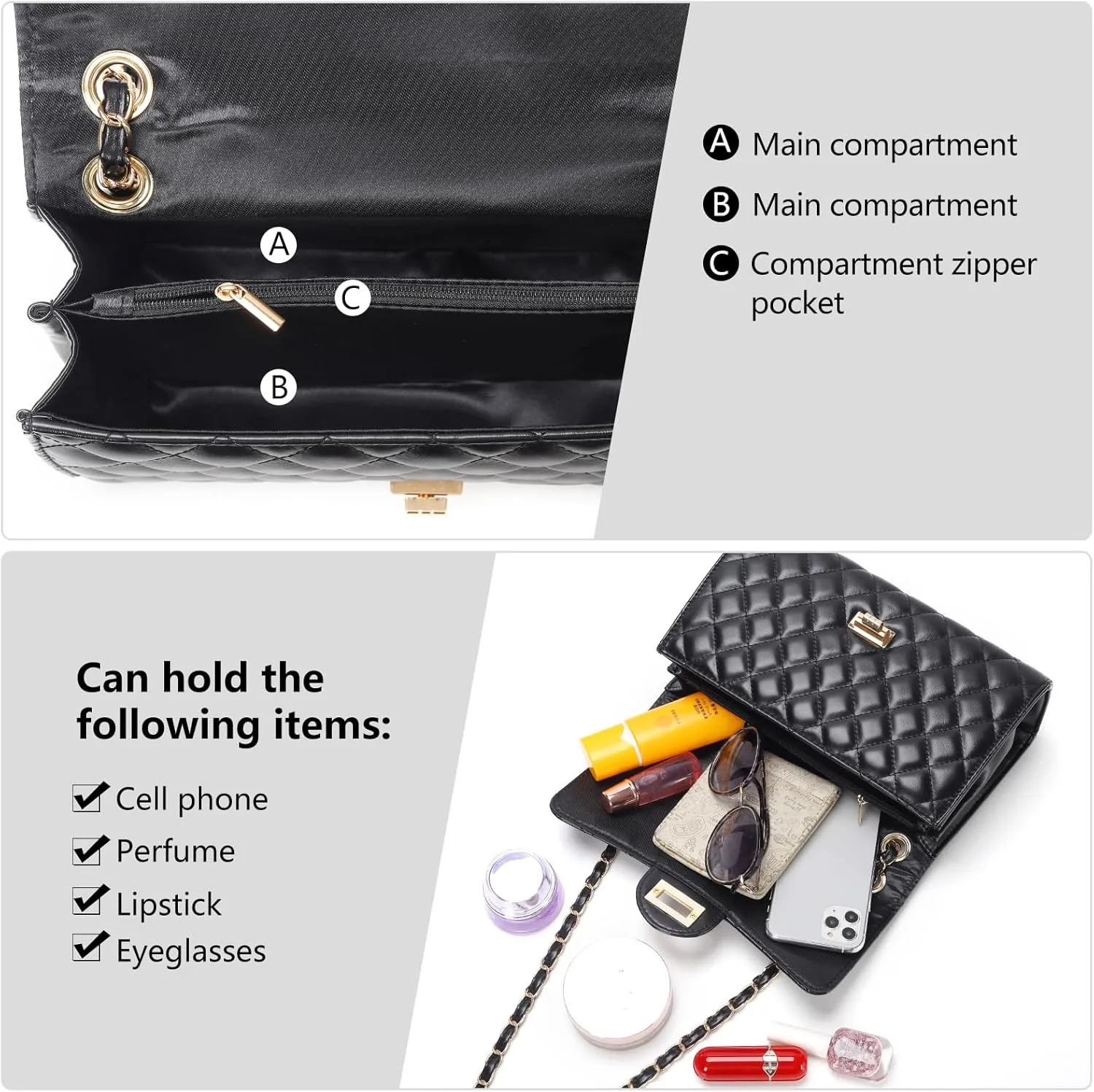 Quilted Leather Crossbody Bags for Women Trendy Ladies Shoulder Purse Satchel HandBag with Chain Strap