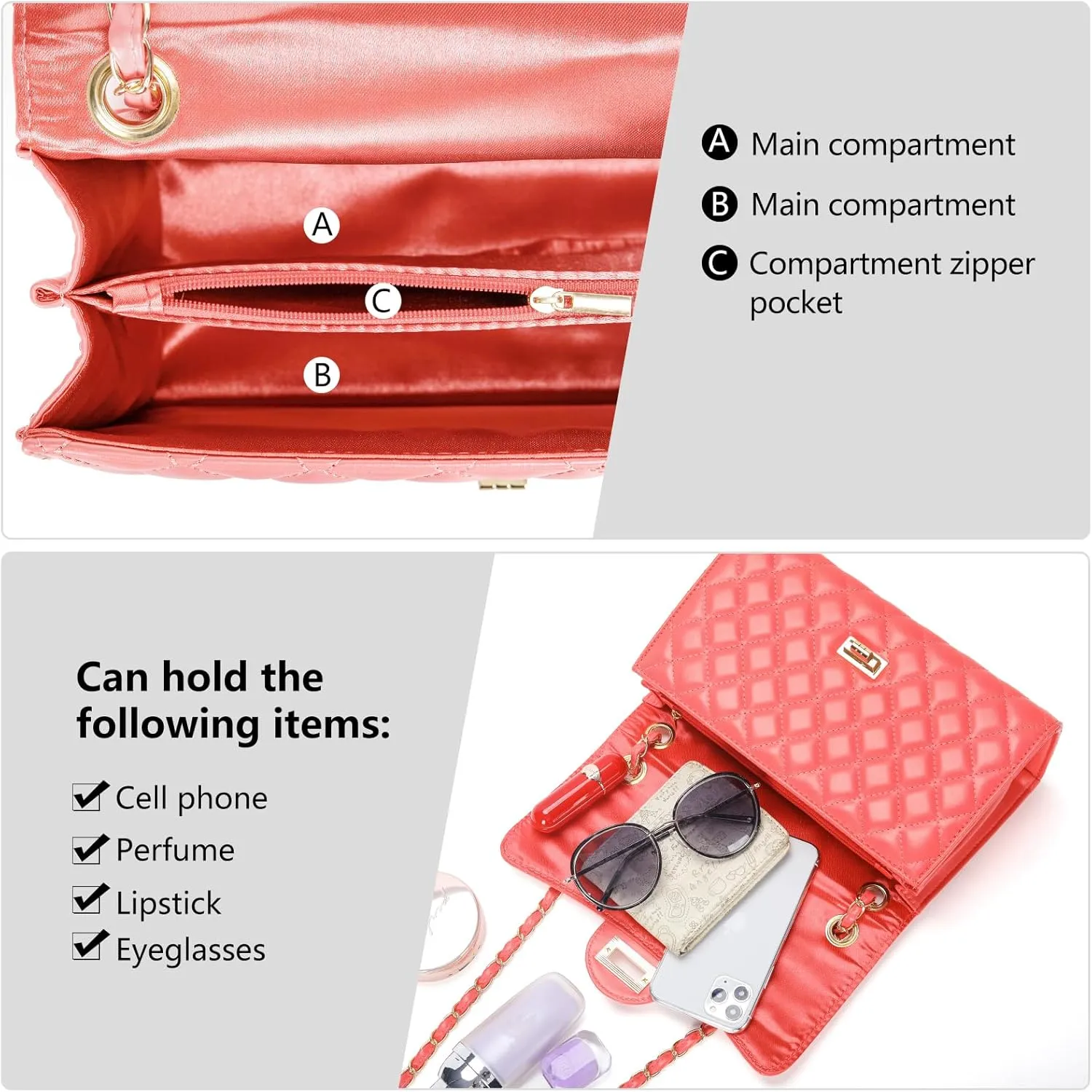 Quilted Leather Crossbody Bags for Women Trendy Ladies Shoulder Purse Satchel HandBag with Chain Strap