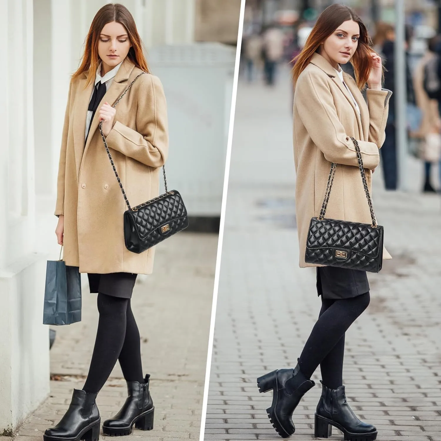 Quilted Leather Crossbody Bags for Women Trendy Ladies Shoulder Purse Satchel HandBag with Chain Strap