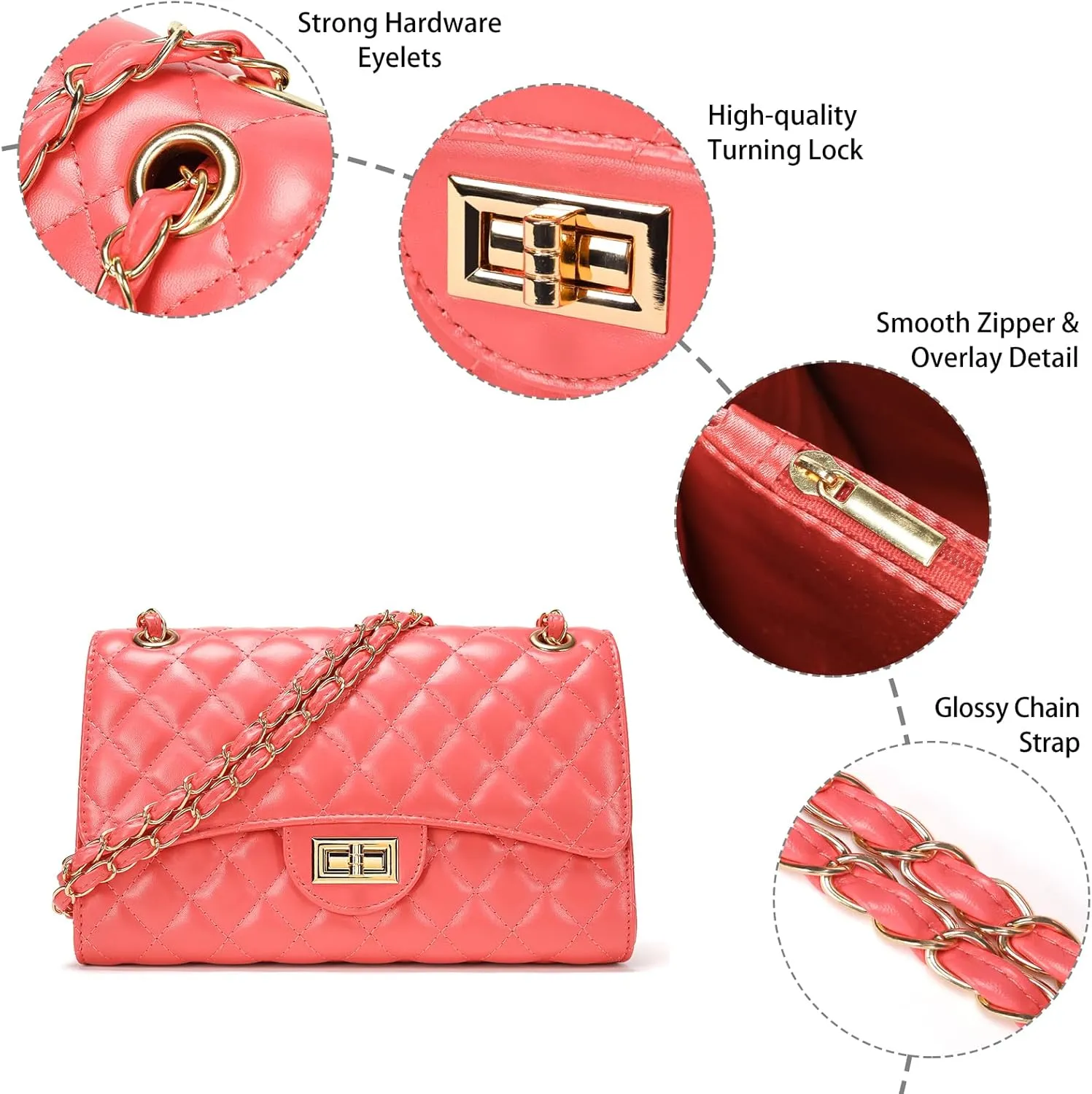 Quilted Leather Crossbody Bags for Women Trendy Ladies Shoulder Purse Satchel HandBag with Chain Strap