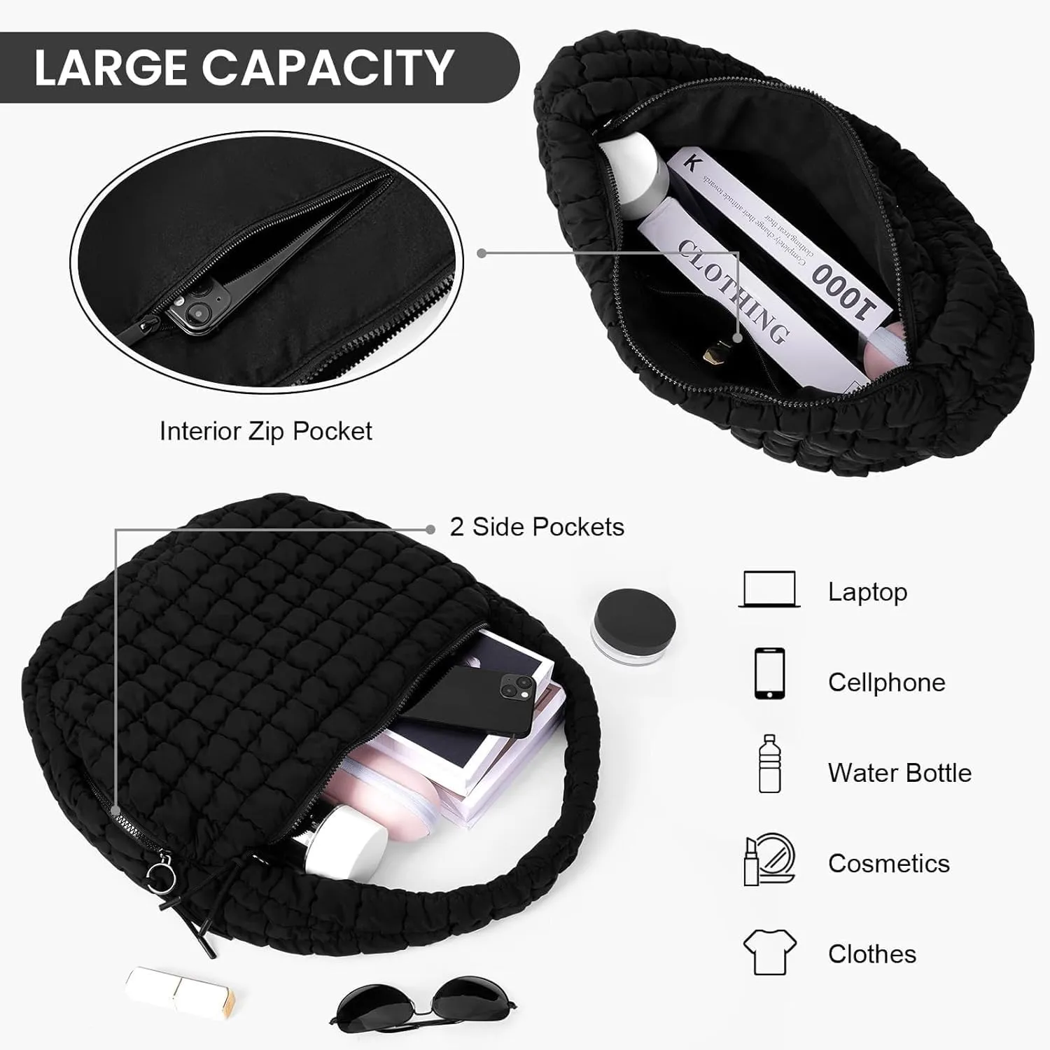 Quilted Puffer Crossbody Bag Lightweight Nylon Puffer Tote Bag Puffy Shoulder Bag Carryall Hobo Bags for Women
